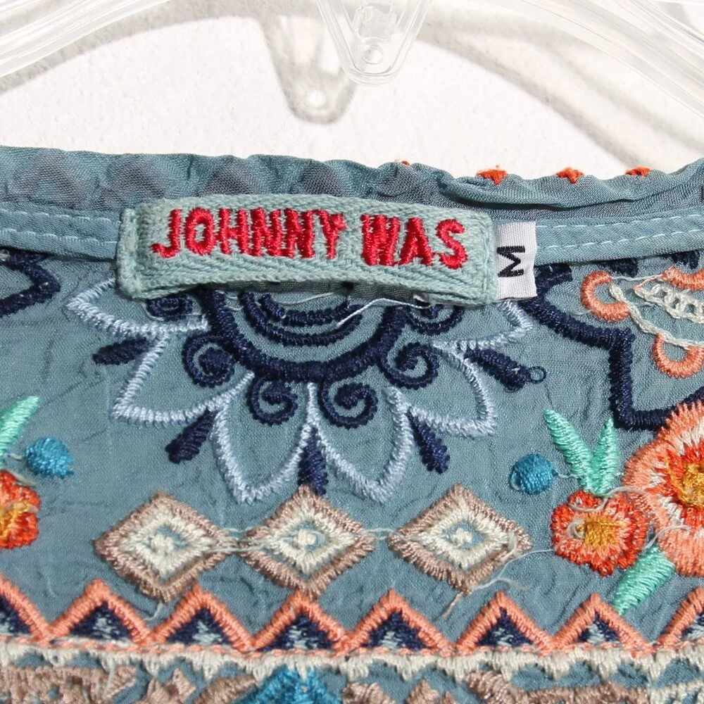 Johnny Was Maya Embroidered Blouse Top Shirt Teal Floral V-Neck Size Medium - Picture 3 of 10